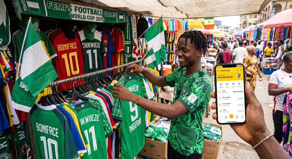 Nigerian trader preparing merchandise stock for World Cup 2026 season